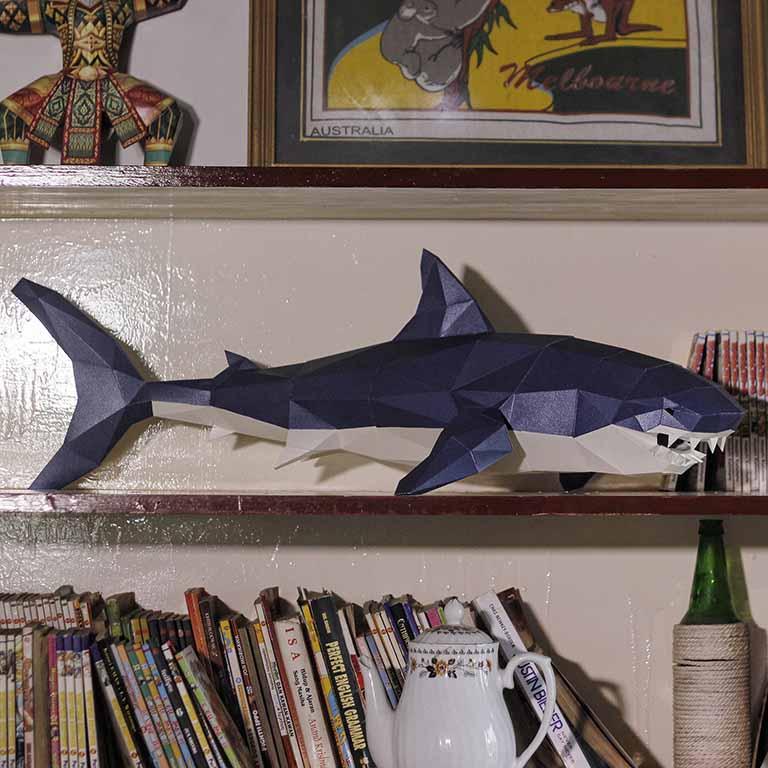 A beautifully crafted 3D Shark Model made from gray and white paper, showcasing intricate details and perfect for home decor.