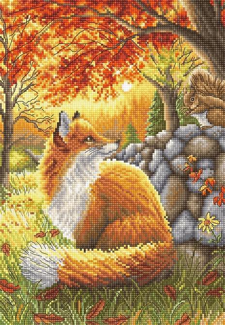 A counted cross stitch kit featuring a friendly fox design, including Aida canvas, colorful threads, and a needle.