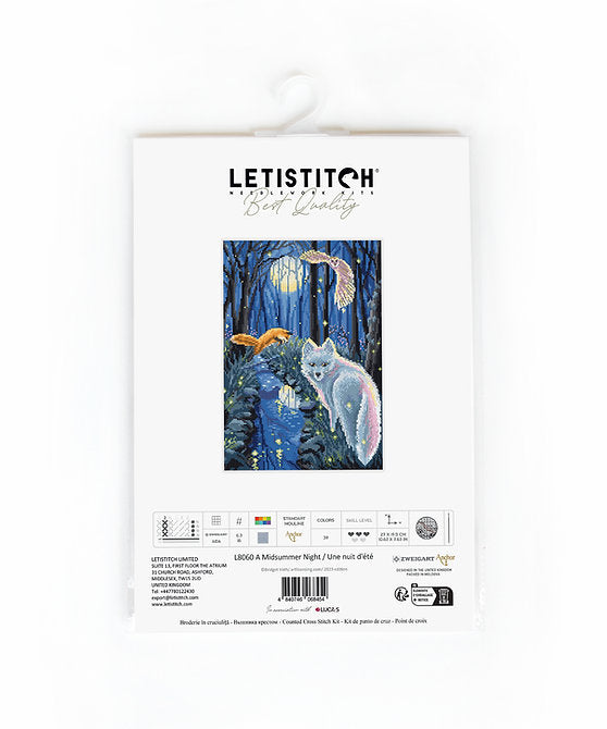 A Midsummer Night L8060 Counted Cross Stitch Kit featuring Aida canvas, colorful threads, and a needle.