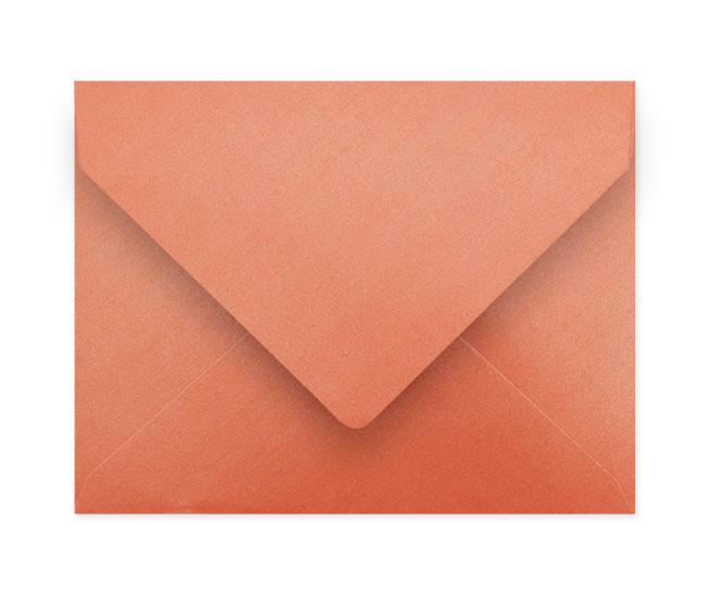 A box of 25 A2 Coral Envelopes made from superior metallic stock, showcasing their vibrant color and elegant design.