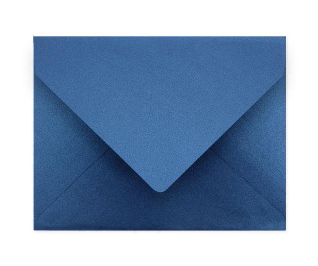 A box of A2 Indigo Envelopes made from superior metallic stock, showcasing their elegant design and vibrant color.