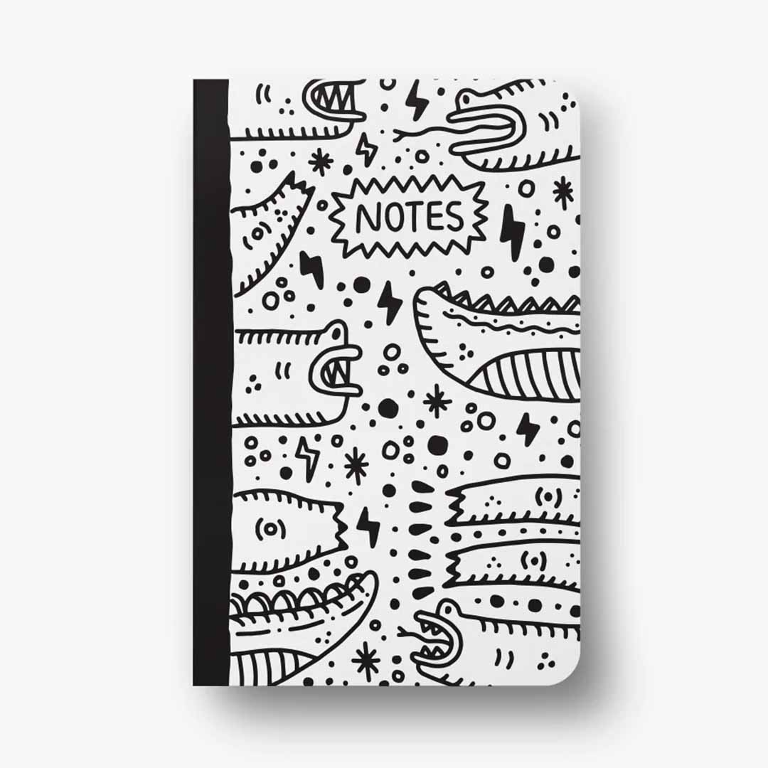 Alligator Outlines Softcover Classic Layflat Notebook featuring swamp creatures illustration by Erwin Ong, showcasing a water-resistant cover and dot grid pages.