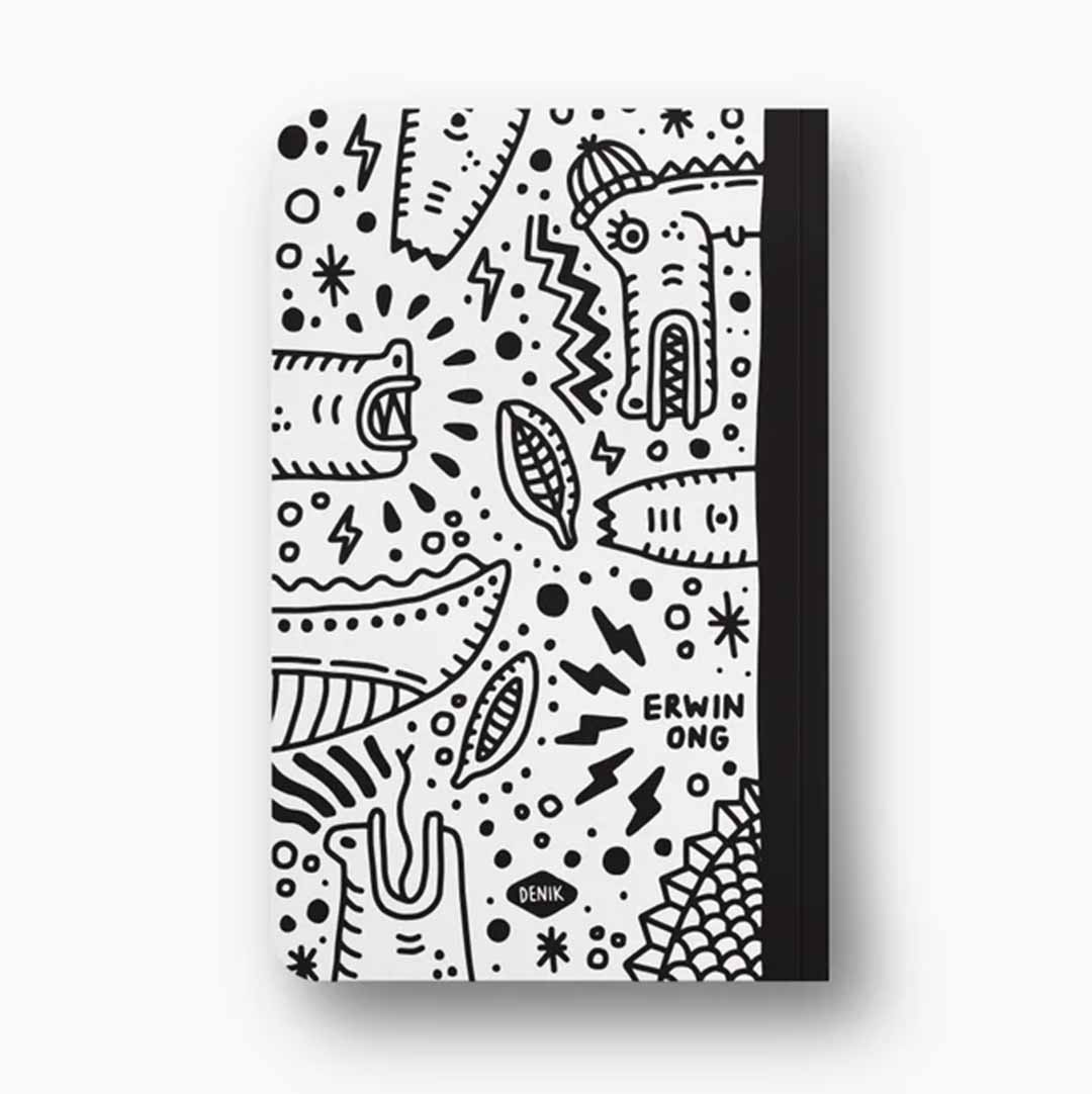 Alligator Outlines Softcover Classic Layflat Notebook featuring swamp creatures illustration by Erwin Ong, showcasing a water-resistant cover and dot grid pages.