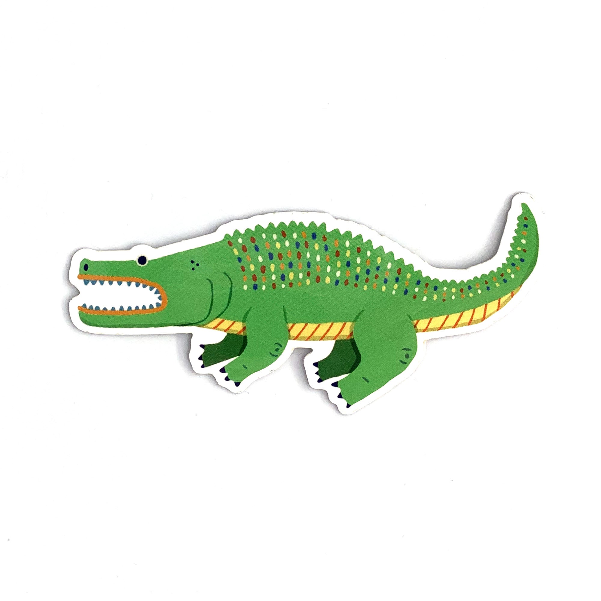 Glossy alligator vinyl sticker measuring 1.5x3 inches, showcasing vibrant colors and a detailed design.