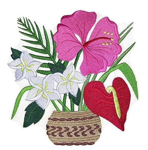 Aloha Bouquet embroidered iron-on patch featuring vibrant floral design on a cotton base, measuring 7.8 by 7.6 inches.