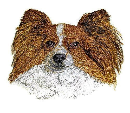 Amazing Papillon Dog Face Embroidery Patch, 4 inches by 4 inches, showcasing intricate embroidery on a cotton base.