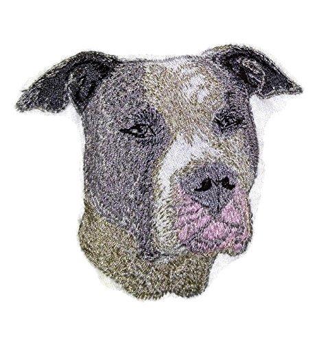 American Staffordshire Dog face embroidery patch, 3x4 inches, showcasing detailed stitching and vibrant colors, suitable for iron-on or sew-on application.