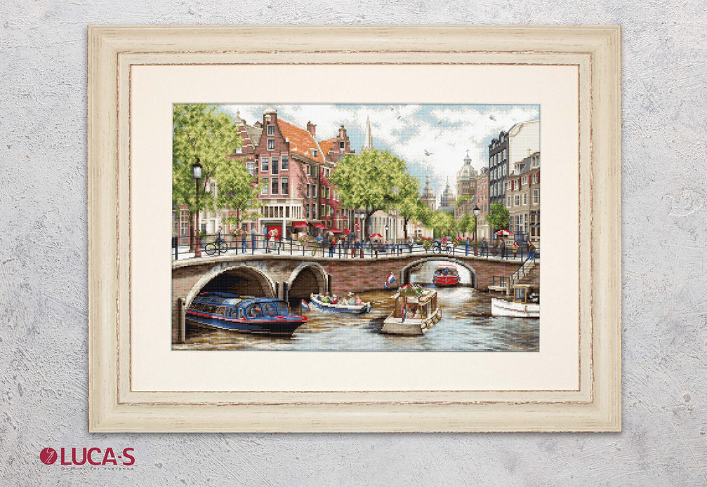 Amsterdam BU5005L Counted Cross-Stitch Kit with Aida canvas, needle, and 59 colors.