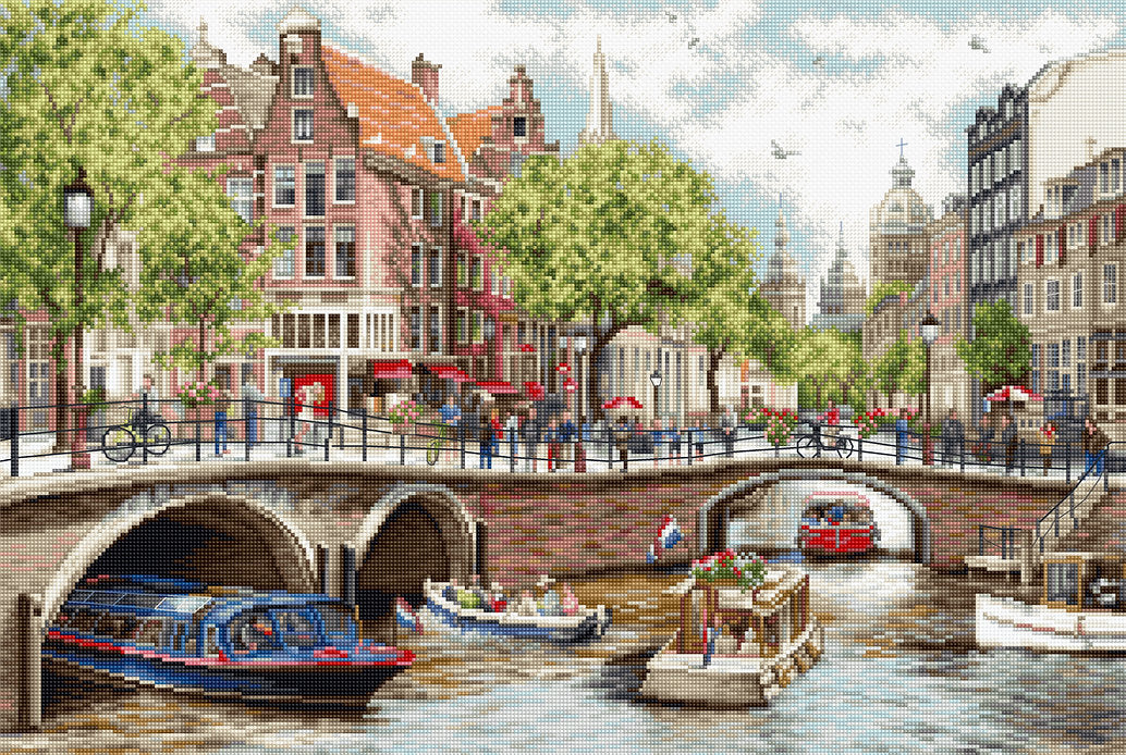 Amsterdam BU5005L Counted Cross-Stitch Kit with Aida canvas, needle, and 59 colors.