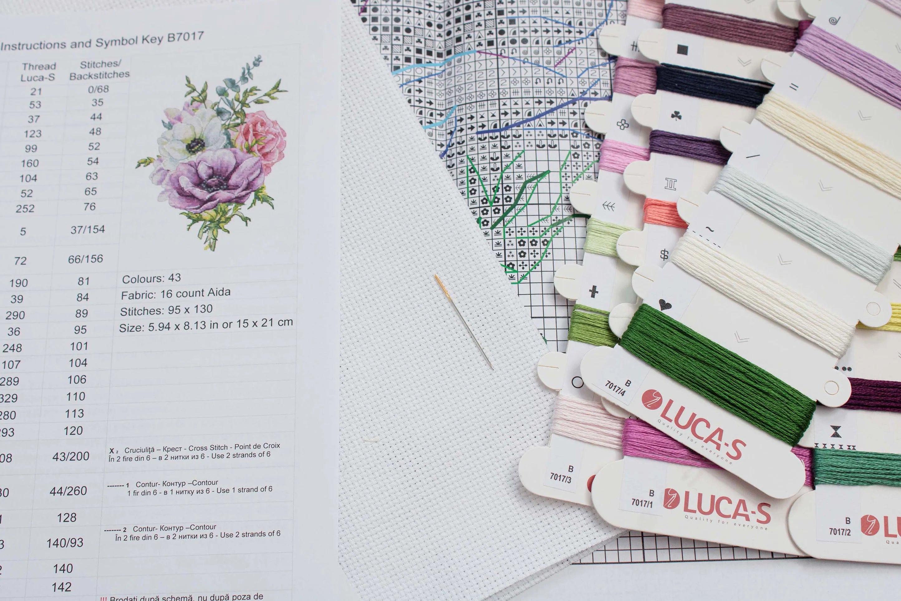 Anemone B7017L Counted Cross-Stitch Kit featuring colorful threads, Aida canvas, and needle, perfect for crafting enthusiasts.