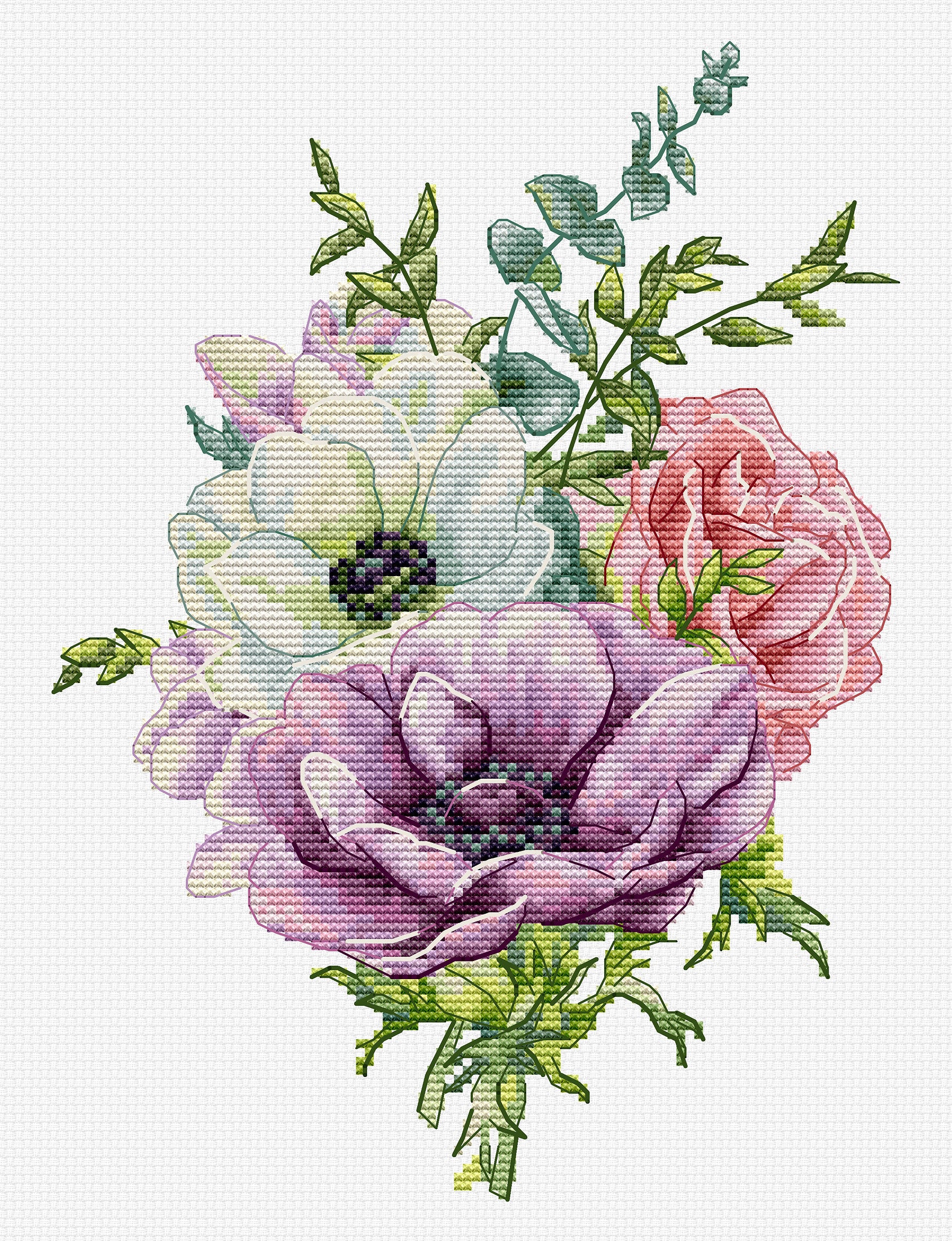 Anemone B7017L Counted Cross-Stitch Kit featuring colorful threads, Aida canvas, and needle, perfect for crafting enthusiasts.