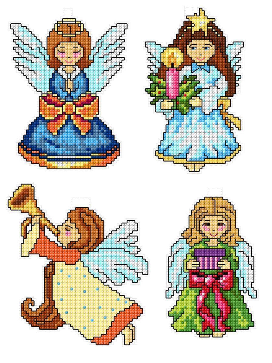 Angels 107CS Counted Cross-Stitch Kit featuring vibrant threads, plastic canvas, and detailed instructions for crafting.