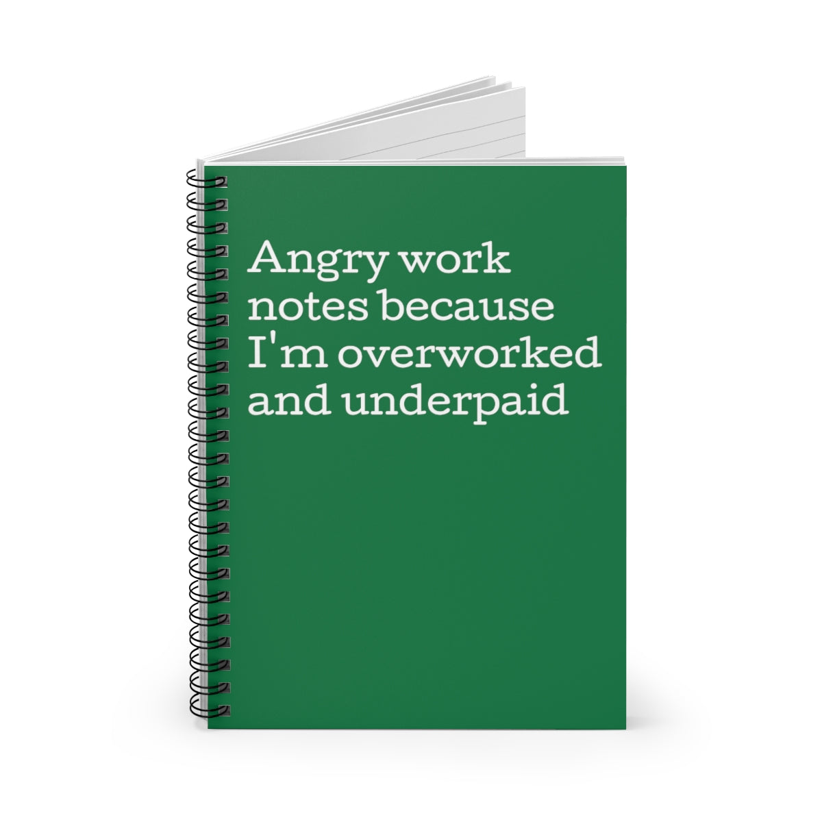 Angry Work Notes spiral notebook featuring a humorous design, perfect for overworked professionals with ruled line pages.