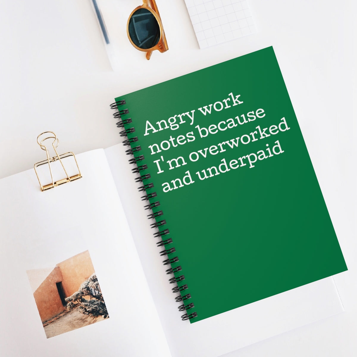 Angry Work Notes spiral notebook featuring a humorous design, perfect for overworked professionals with ruled line pages.