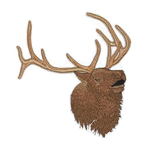 Animal Kingdom Elk Head embroidered patch, measuring 7 inches by 6.5 inches, showcasing intricate embroidery on a cotton base.