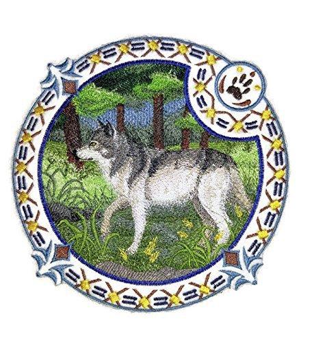 Gray Wolf Shield embroidered patch, showcasing intricate embroidery on a cotton base, ideal for iron-on or sewing applications.