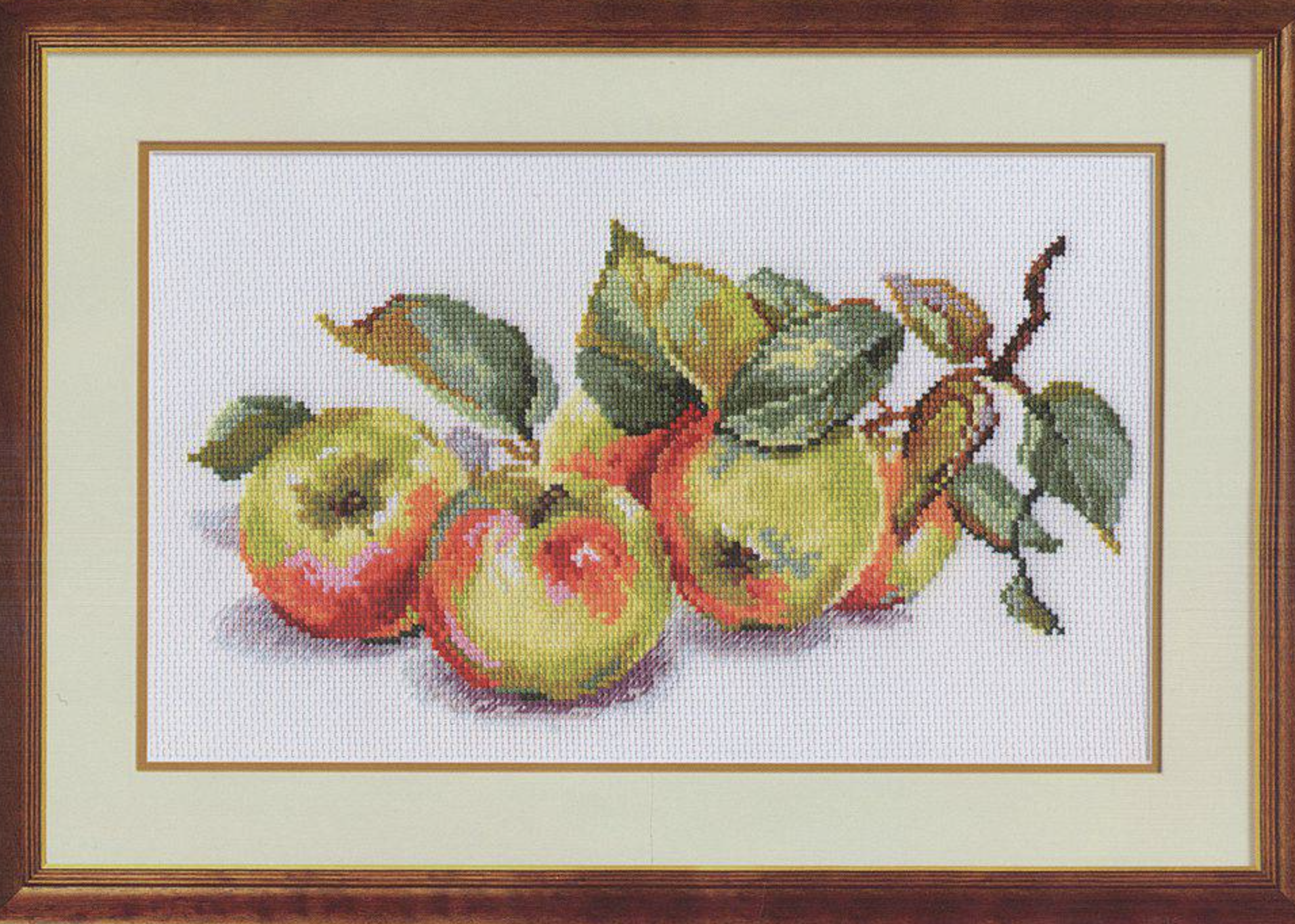 Apples 5-09 Cross-stitch kit with threads, needle, and white aida fabric.