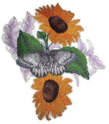 Apollo Butterfly and Sunflowers embroidered patch, showcasing vibrant colors and intricate designs on a cotton base, ideal for iron-on or sewing applications.