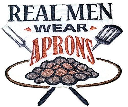 Embroidered patch featuring 'Real Men Wear Aprons' text, designed for iron-on or sew-on application, showcasing high-quality craftsmanship.