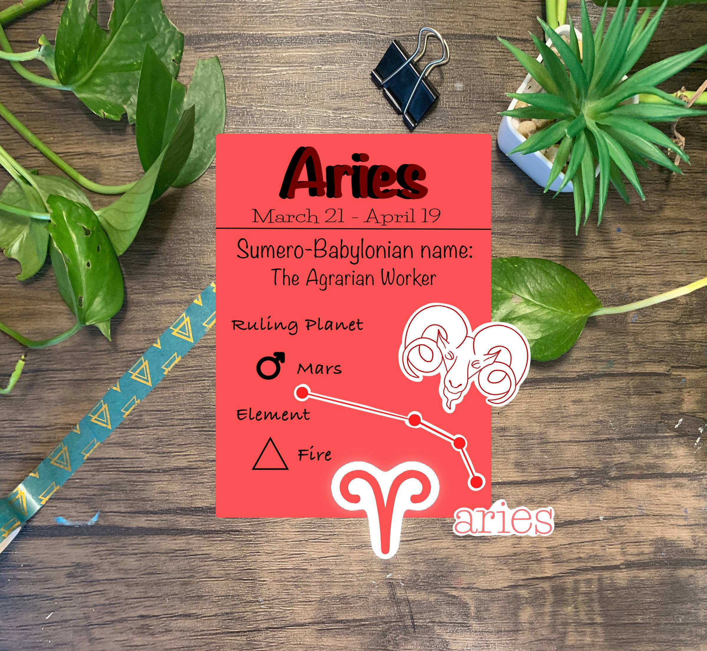 A collection of four Aries zodiac stickers featuring the Aries symbol, constellation, ram, and wording, all designed with vibrant colors.