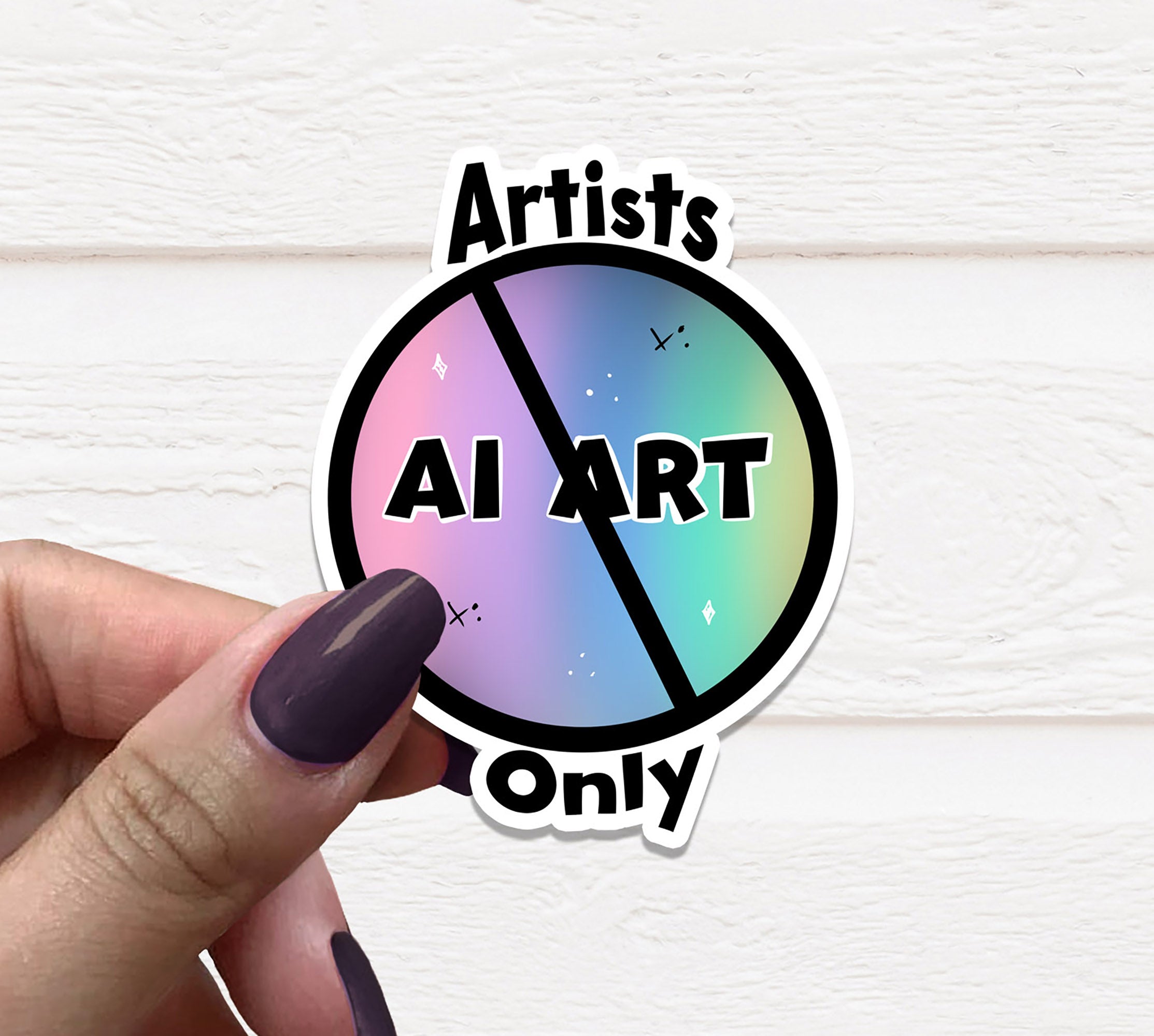 Artists Only - No AI Sticker on a matte vinyl surface, showcasing vibrant colors and unique design.