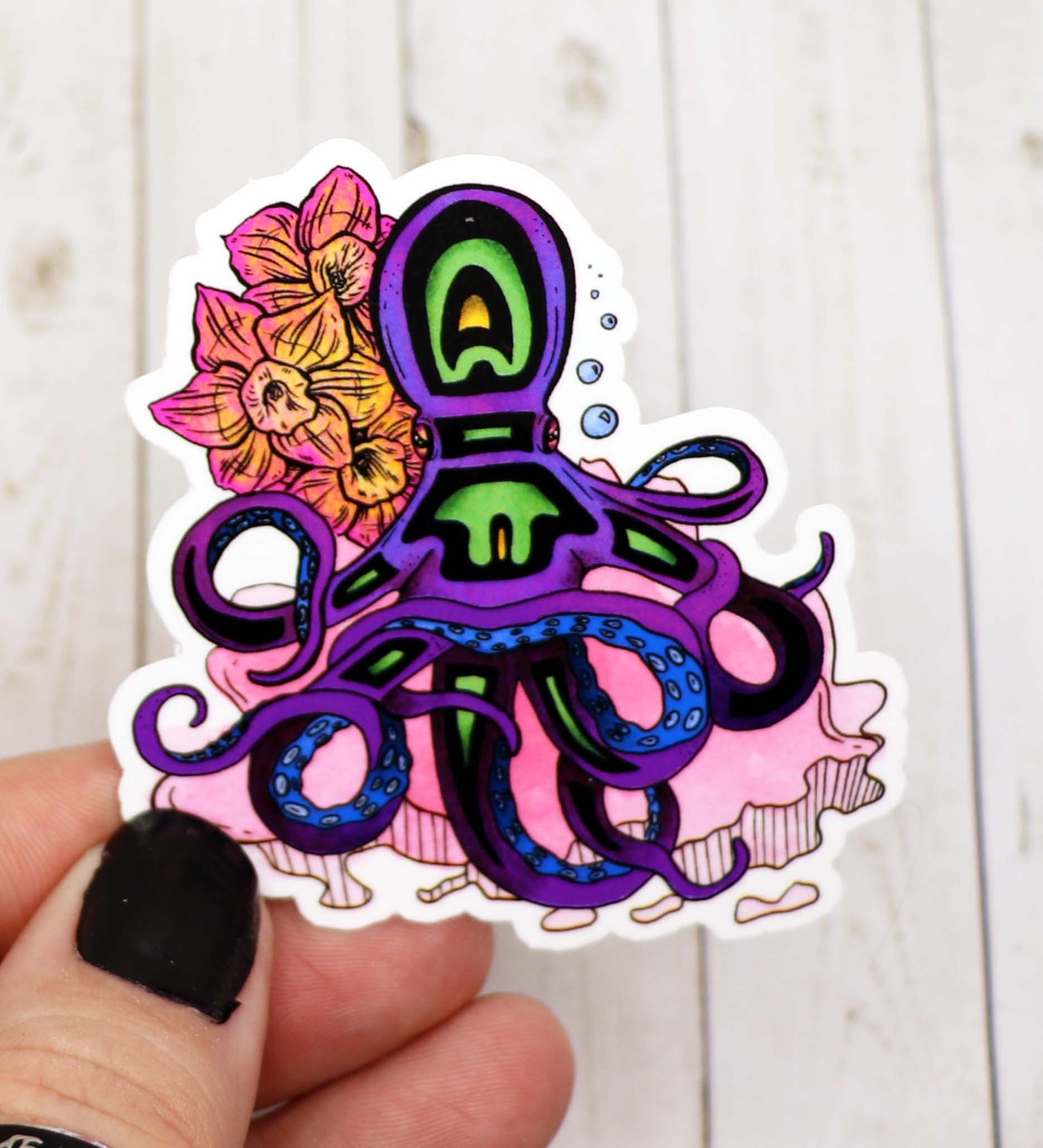 A vibrant Artsy Octopus Sticker featuring a whimsical octopus design on high-quality matte vinyl, perfect for personalizing various items.