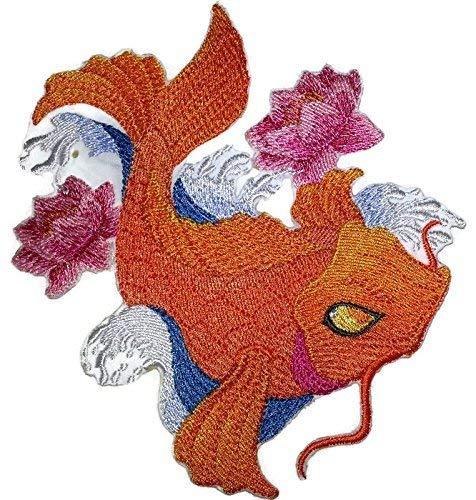 Asian Koi Fish embroidered patch, 6 inches by 5 inches, featuring vibrant colors and intricate stitching on a cotton base.