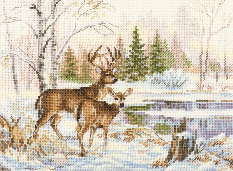 At the Forest Lake 3-28 Cross-stitch kit with white aida fabric, colorful threads, and an embroidery needle.