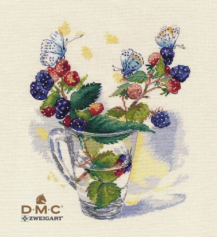 August Bouquet 1359 Counted Cross Stitch Kit featuring autumn design with berries, butterflies, and flowers on Zweigart canvas.