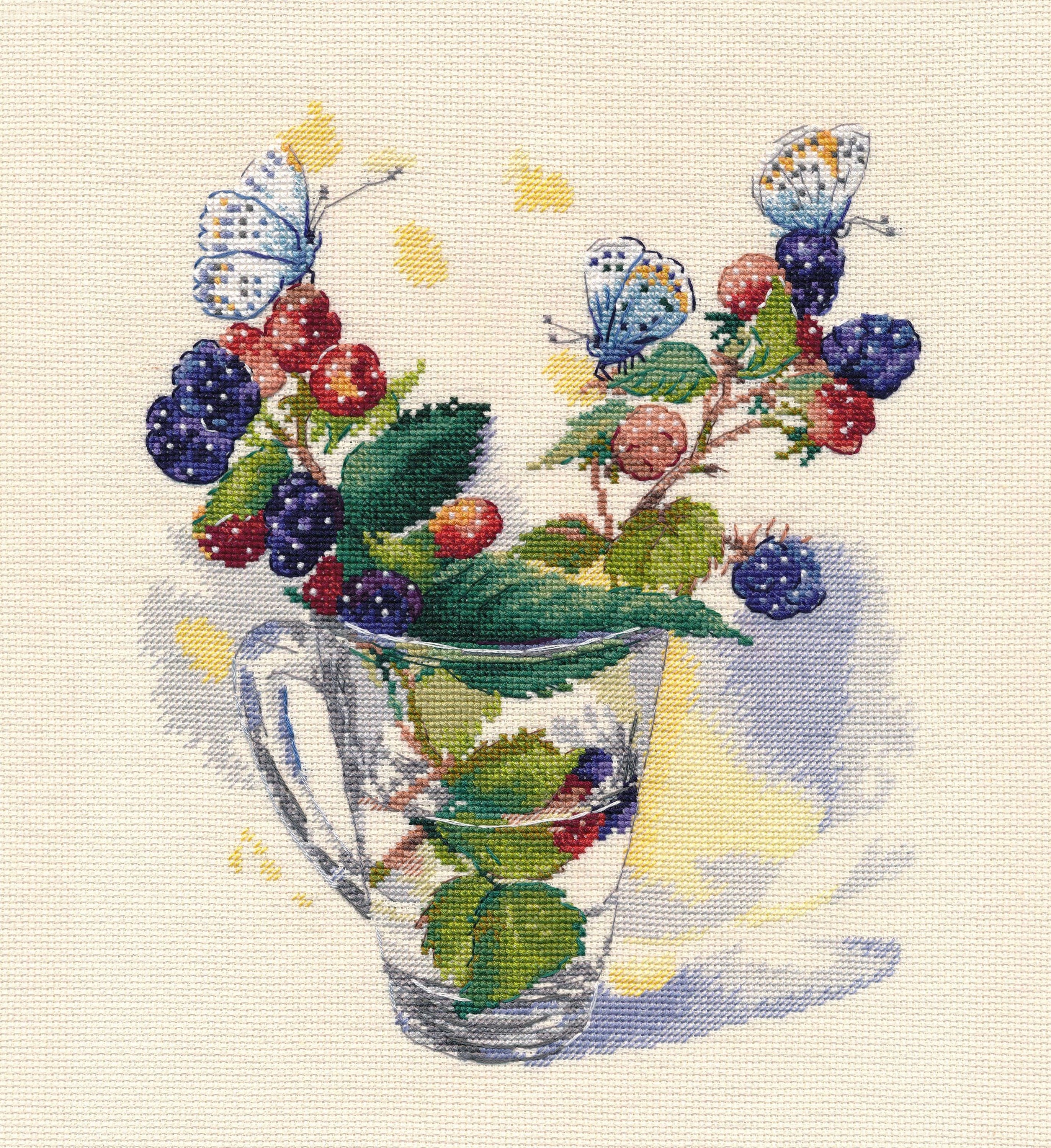 August Bouquet 1359 Counted Cross Stitch Kit featuring autumn design with berries, butterflies, and flowers on Zweigart canvas.