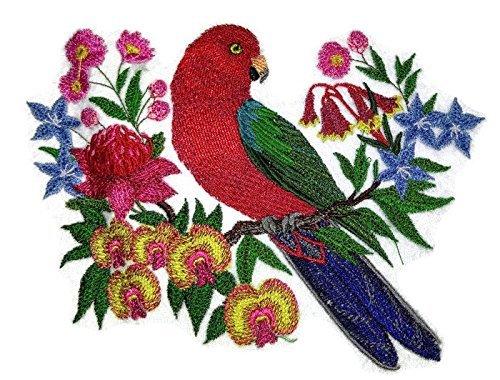 Australian King parrot embroidered patch with floral design, showcasing vibrant colors and intricate details on a cotton base.