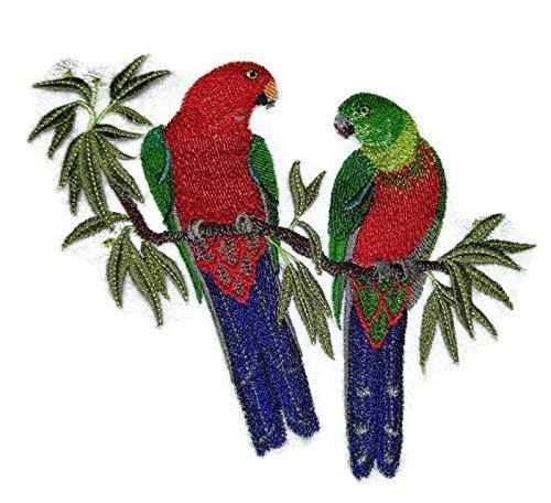 Embroidered patch featuring Australian King parrots in Eucalyptus, showcasing vibrant colors and intricate details.