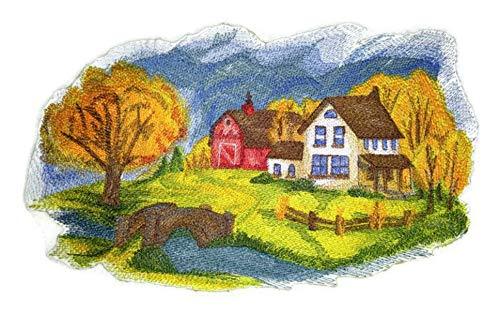 Embroidered patch featuring vibrant autumn colors and a countryside scene, perfect for sewing or ironing onto garments.