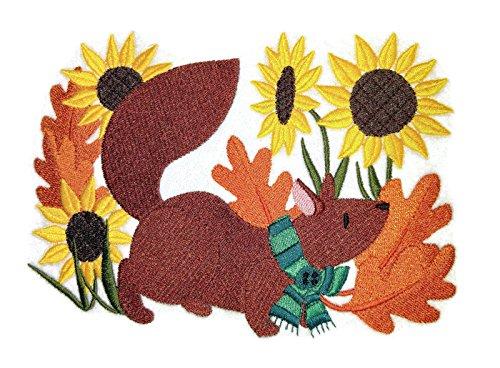 Embroidered patch featuring a charming squirrel design in autumn colors, perfect for sewing or ironing onto garments.