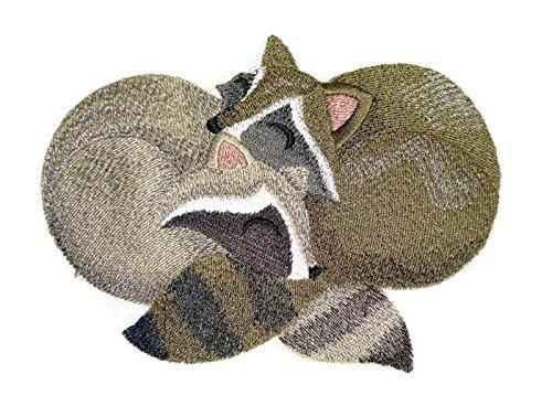 Autumn Cozy Cuddlers embroidered patch featuring a cute raccoon design, perfect for iron-on or sewing applications.