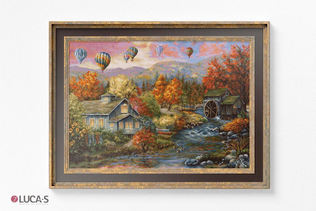 Autumn Creek Mill B616L Counted Cross-Stitch Kit with Aida canvas, colorful threads, and needle, showcasing the complete crafting set.