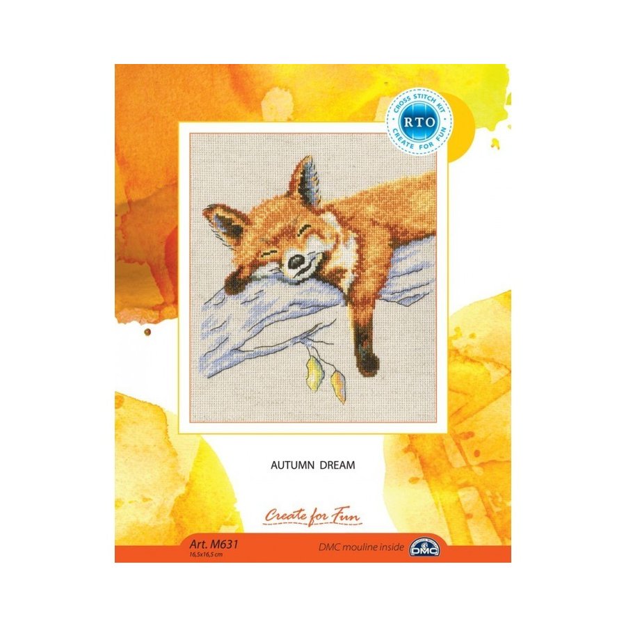 Autumn Dream M631 Counted Cross Stitch Kit featuring beige Aida canvas, colorful threads, and included tools.