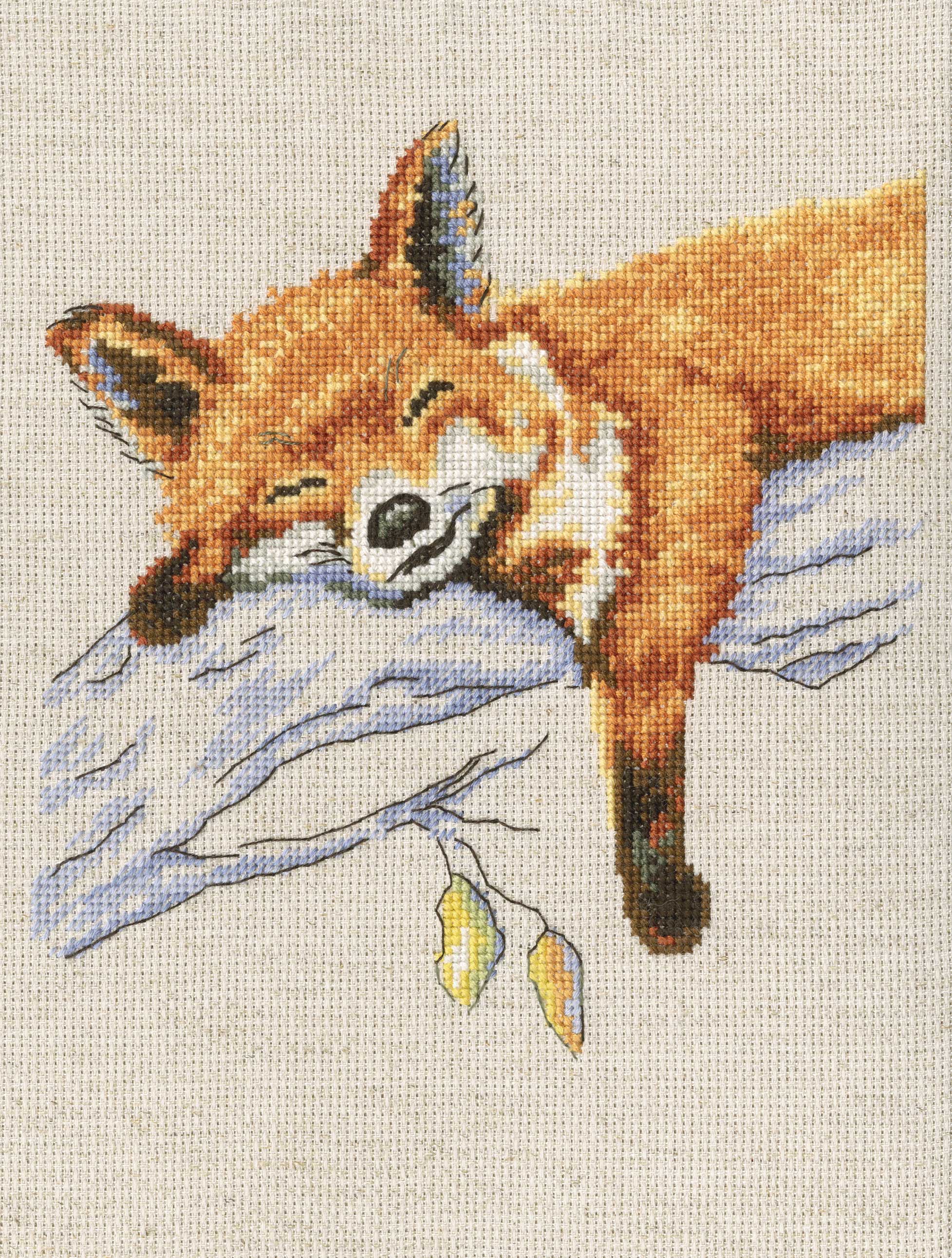 Autumn Dream M631 Counted Cross Stitch Kit featuring beige Aida canvas, colorful threads, and included tools.