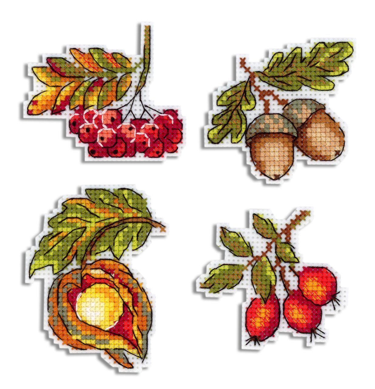 Autumn Gifts Magnets SR-720 Counted Cross Stitch Kit featuring vibrant threads and plastic canvas for DIY projects.