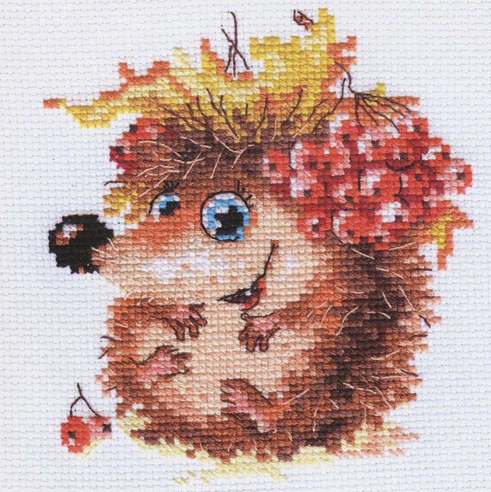 Autumn Hedgehog 0-75 Counted Cross-Stitch Kit featuring colorful threads, white aida fabric, and embroidery needles.