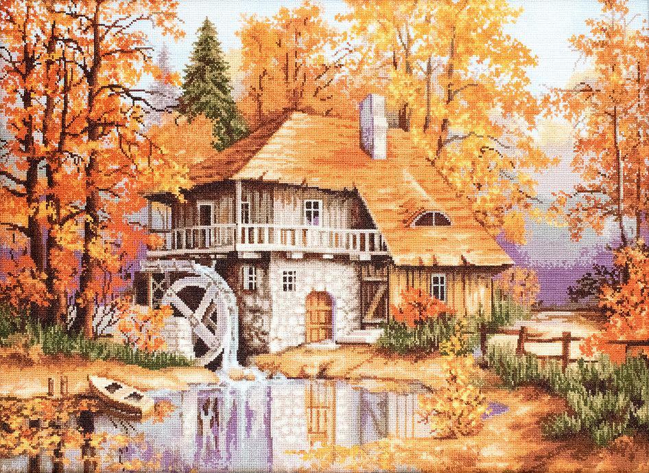 Autumn Landscape B481L Counted Cross-Stitch Kit featuring a forest and water windmill design with Anchor threads and Zweigart canvas.