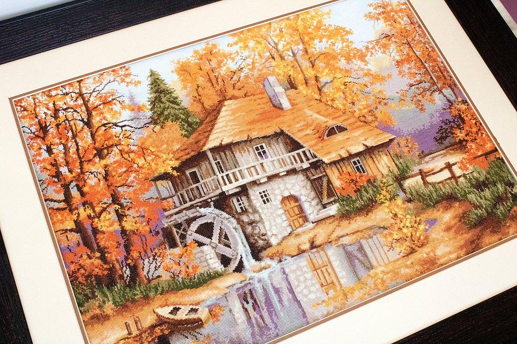 Autumn Landscape B481L Counted Cross-Stitch Kit featuring a forest and water windmill design with Anchor threads and Zweigart canvas.