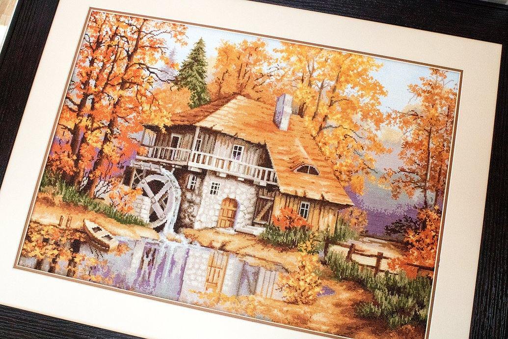 Autumn Landscape B481L Counted Cross-Stitch Kit featuring a forest and water windmill design with Anchor threads and Zweigart canvas.