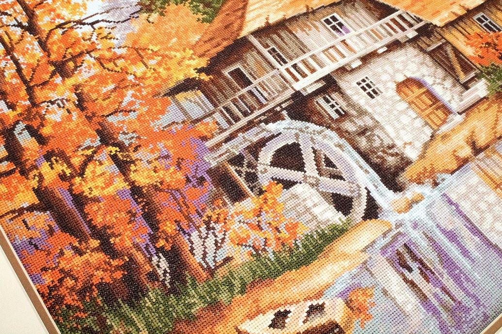 Autumn Landscape B481L Counted Cross-Stitch Kit featuring a forest and water windmill design with Anchor threads and Zweigart canvas.