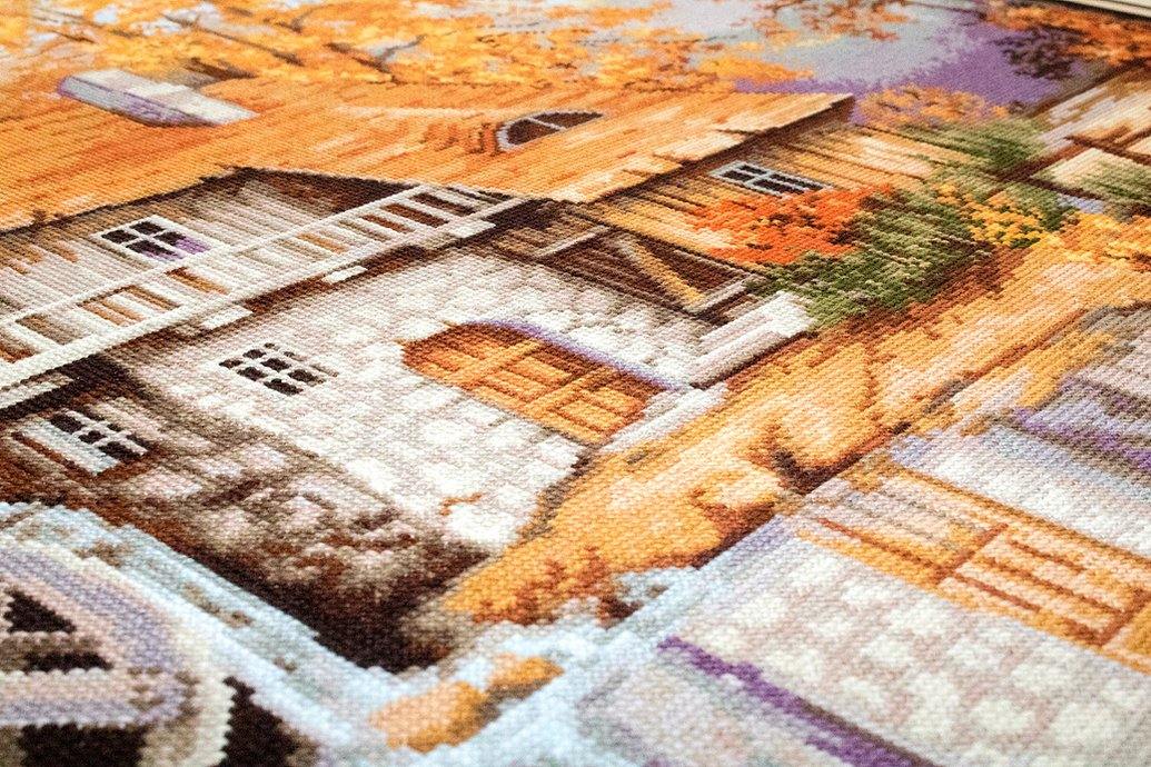 Autumn Landscape B481L Counted Cross-Stitch Kit featuring a forest and water windmill design with Anchor threads and Zweigart canvas.