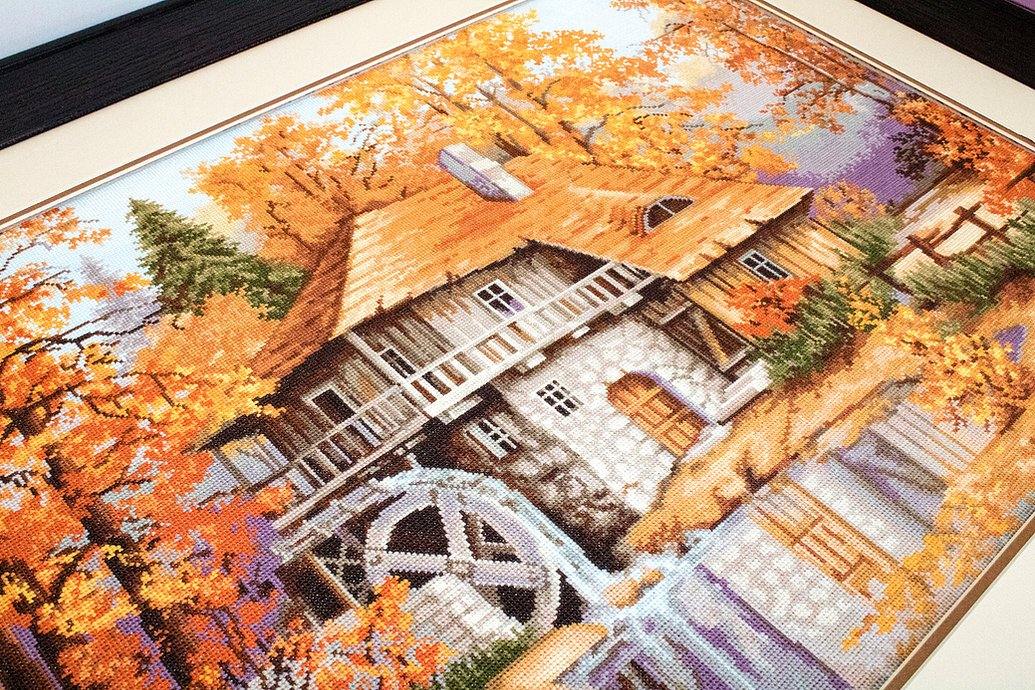 Autumn Landscape B481L Counted Cross-Stitch Kit featuring a forest and water windmill design with Anchor threads and Zweigart canvas.