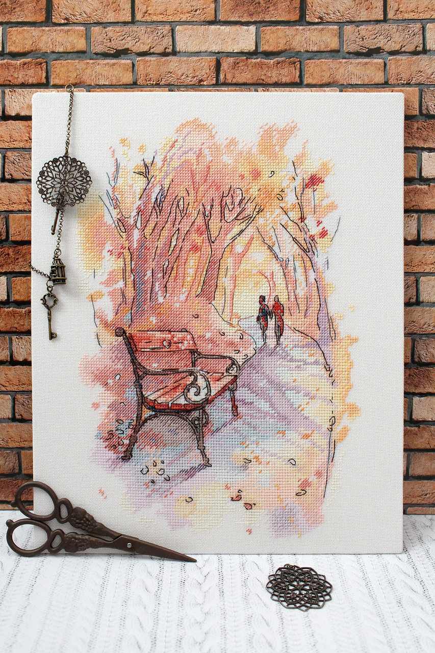 Autumn Promenade SA-003 Cross-stitch kit featuring a couple in love walking through a vibrant autumn park, with included materials and design details.