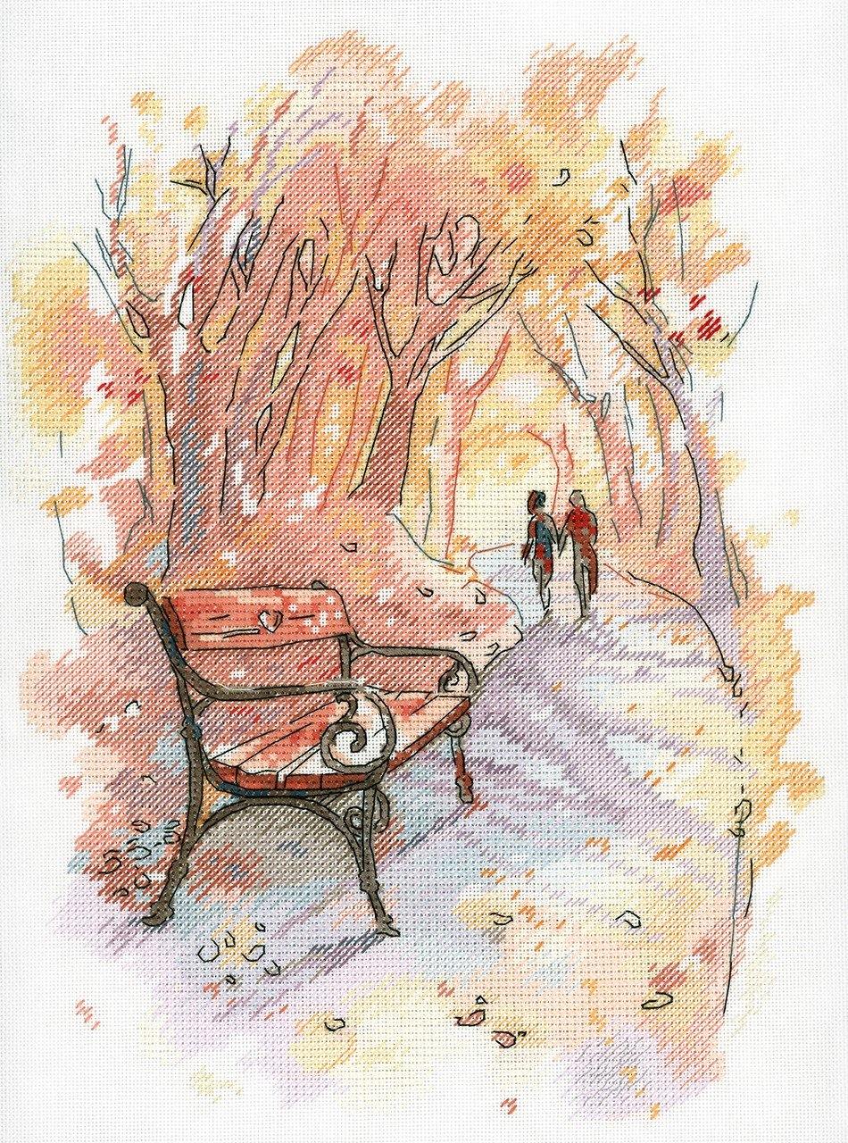 Autumn Promenade SA-003 Cross-stitch kit featuring a couple in love walking through a vibrant autumn park, with included materials and design details.