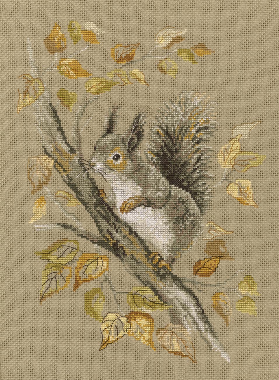 Autumn Story M577 Counted Cross Stitch Kit featuring mustard Aida fabric, DMC threads, and included accessories.