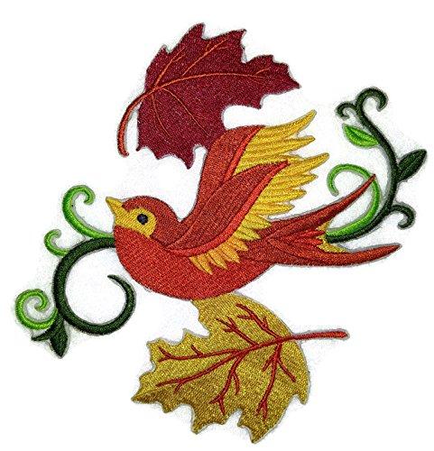 Autumn Swallow embroidered patch featuring a swallow surrounded by colorful leaves, ideal for iron-on or sewing applications.